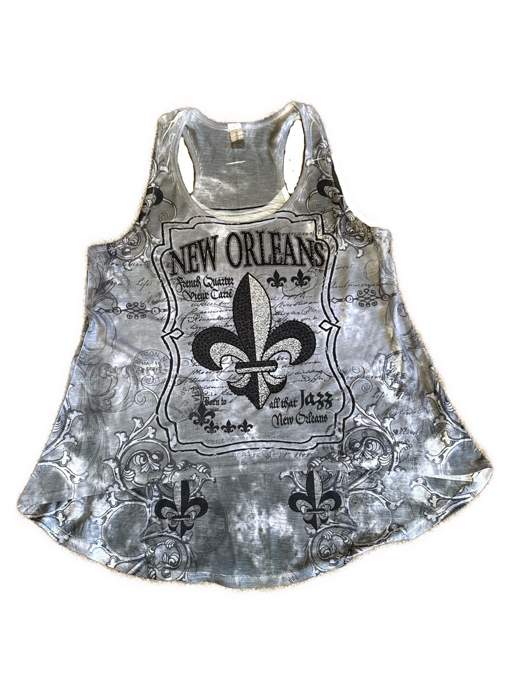 Women’s XL New Orleans Fleur-de-Lis Silver Rhinestone Graphic Razorback Tank Top